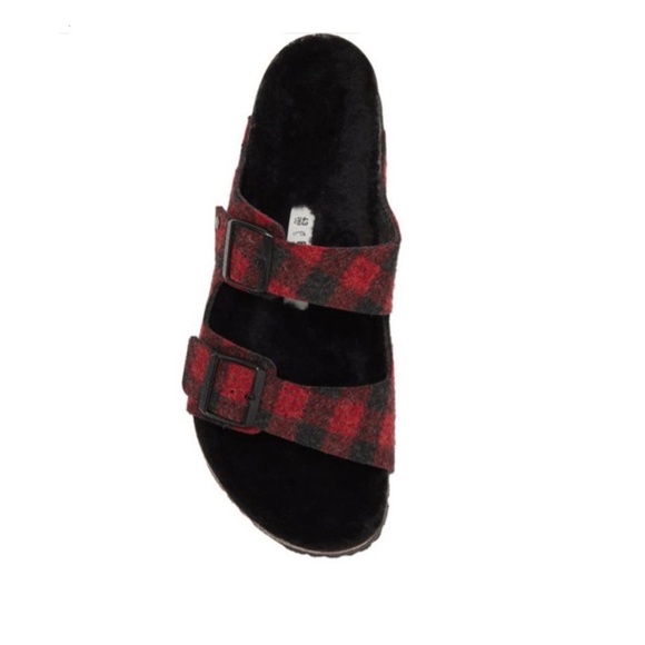 Birkenstock Arizona Genuine Lamb Fur Lined Red Plaid Slide Sandals.NIB main image 4